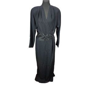 Vintage Cachet Bari Protas Black Dress Beaded Waist Womens Sz M Long Sleeve Gown